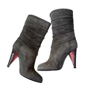 John Richmond Suede Stiletto Booties Gray 5.5 | Chic Italian Glam Red Heel NWOB